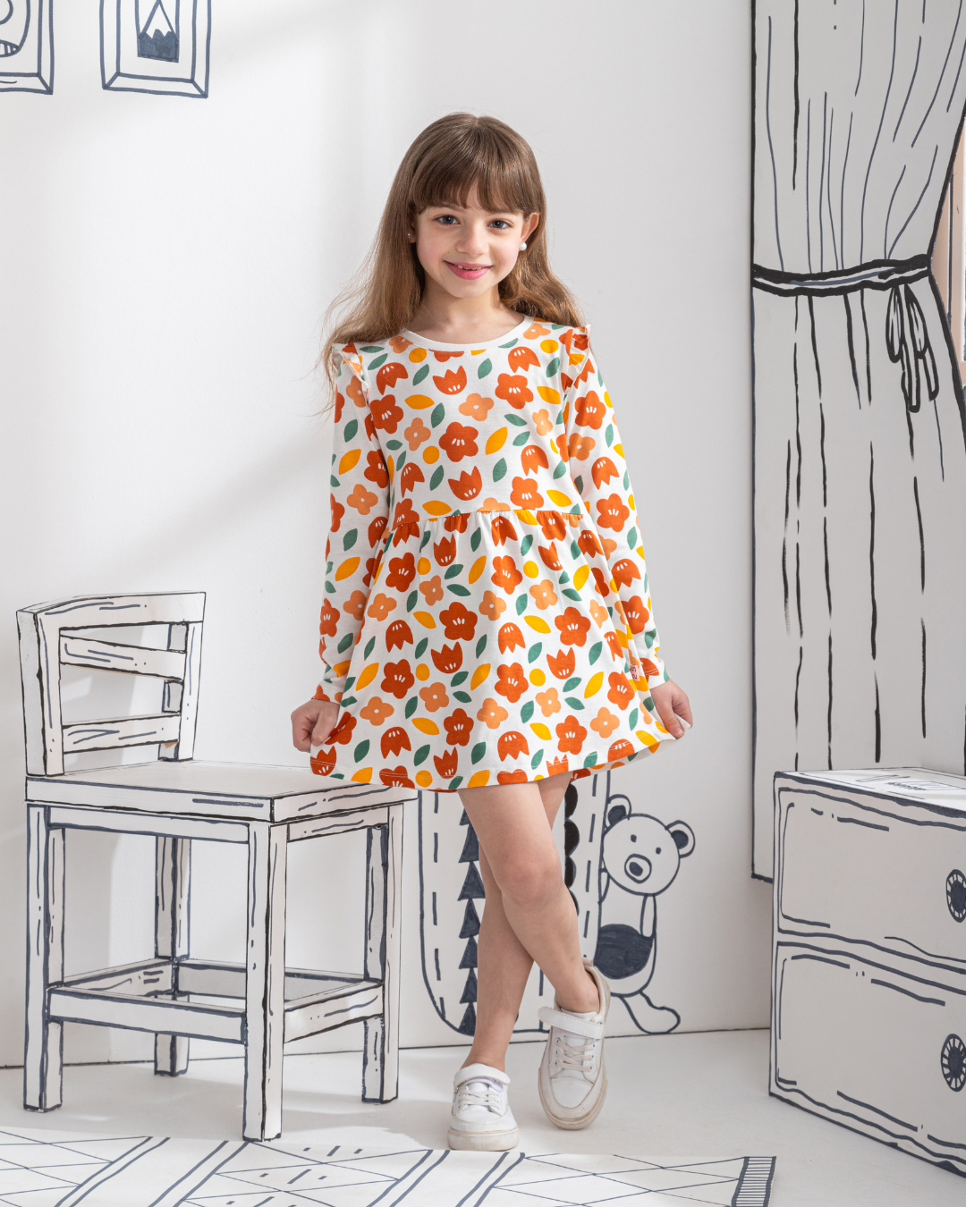 Robe fleurie à manches longues pour fille