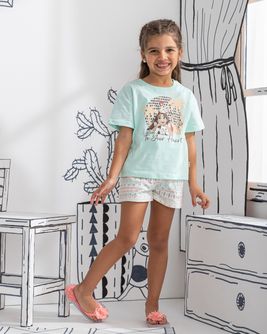 Écoute ton cœur Pyjama manches mi-longues et short en coton fille