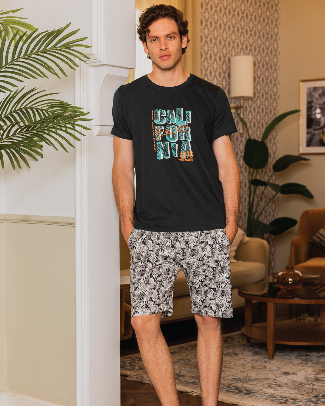 Pyjama homme manches mi-longues et short en coton imprimé California