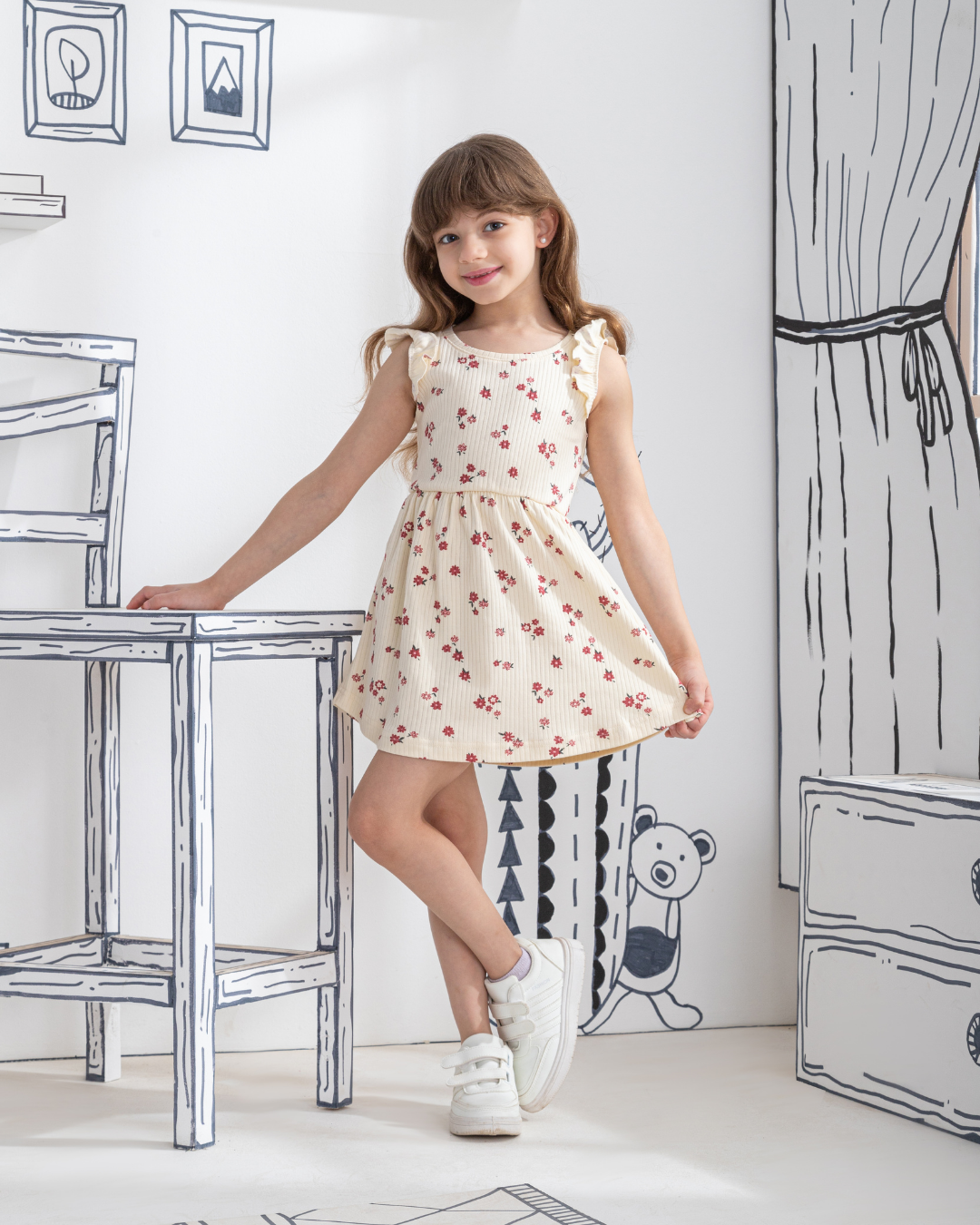 Robe côtelée en coton fleuri Derbi bébé fille