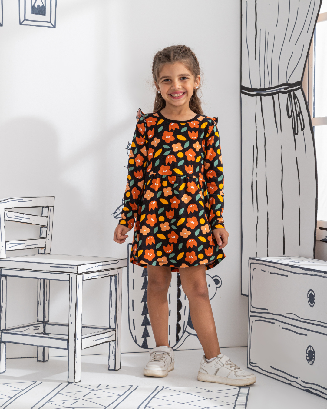 Robe fleurie à manches longues pour fille