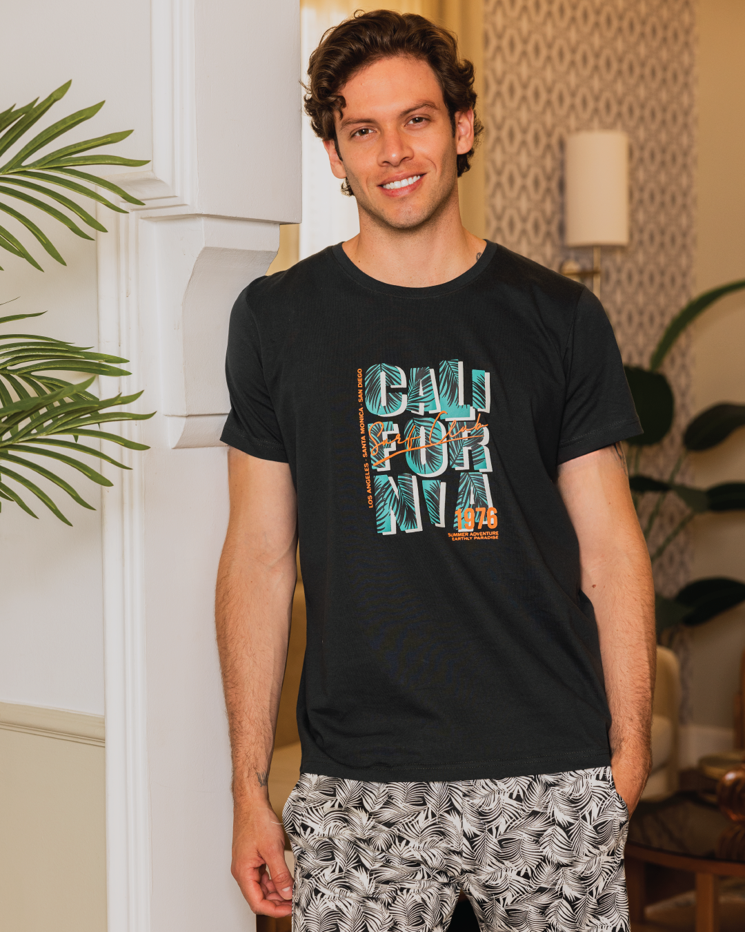 Pyjama homme manches mi-longues et short en coton imprimé California