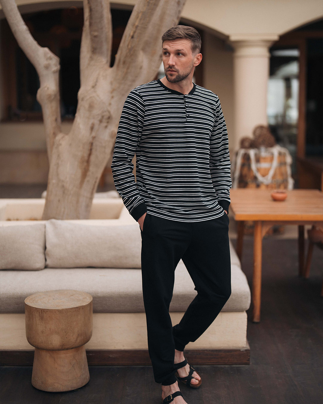 Pyjama à manches longues à rayures gaufrées pour hommes * Pantalon Melton d'été