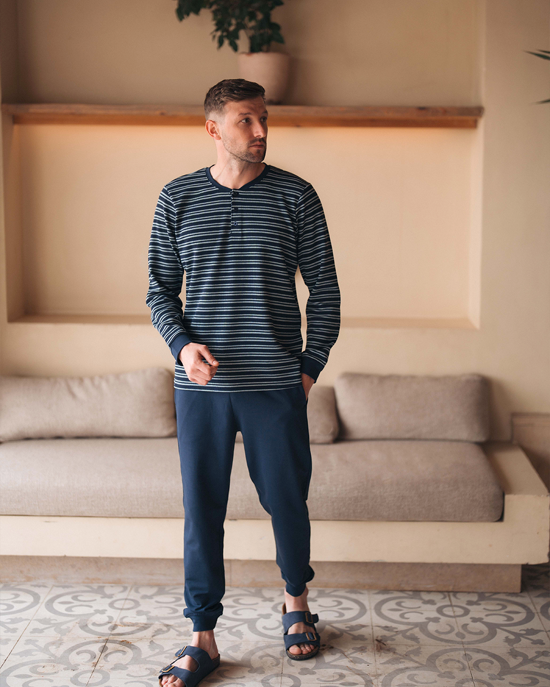 Pyjama à manches longues à rayures gaufrées pour hommes * Pantalon Melton d'été