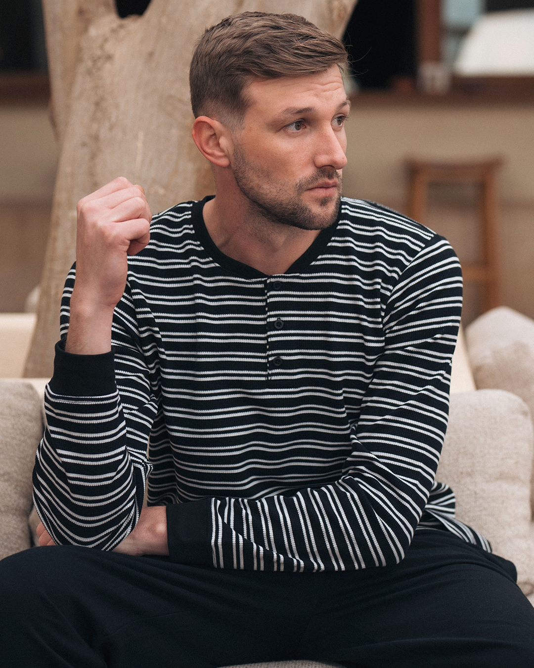 Pyjama à manches longues à rayures gaufrées pour hommes * Pantalon Melton d'été