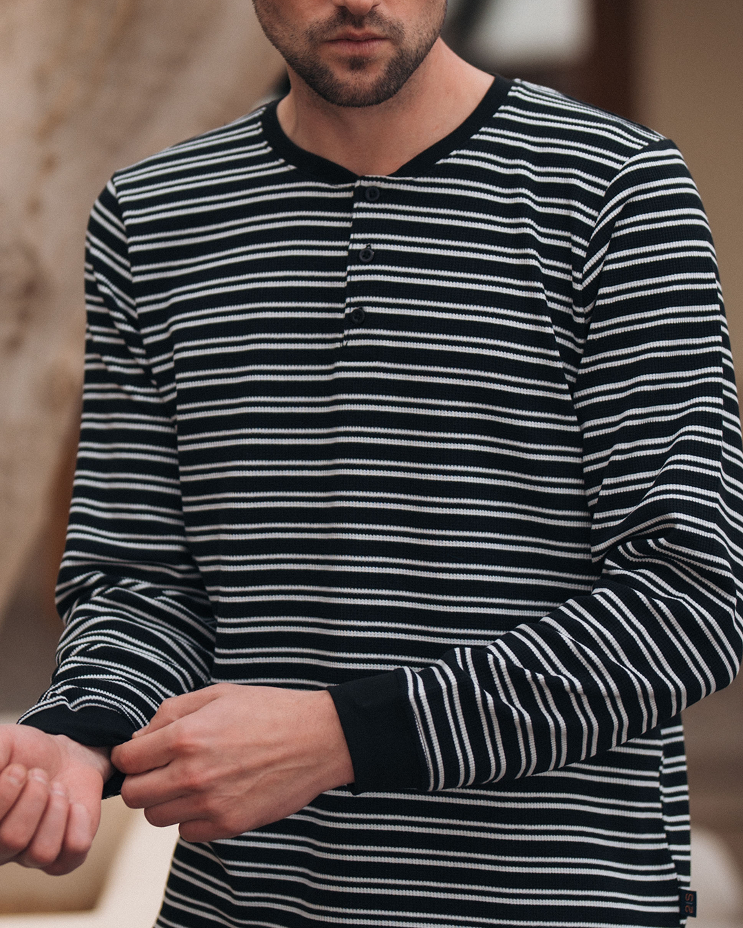Pyjama à manches longues à rayures gaufrées pour hommes * Pantalon Melton d'été