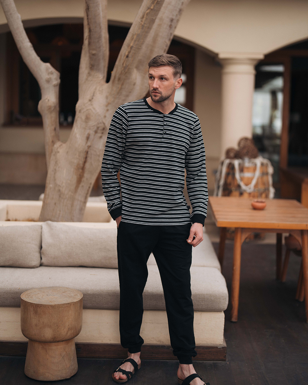 Pyjama à manches longues à rayures gaufrées pour hommes * Pantalon Melton d'été