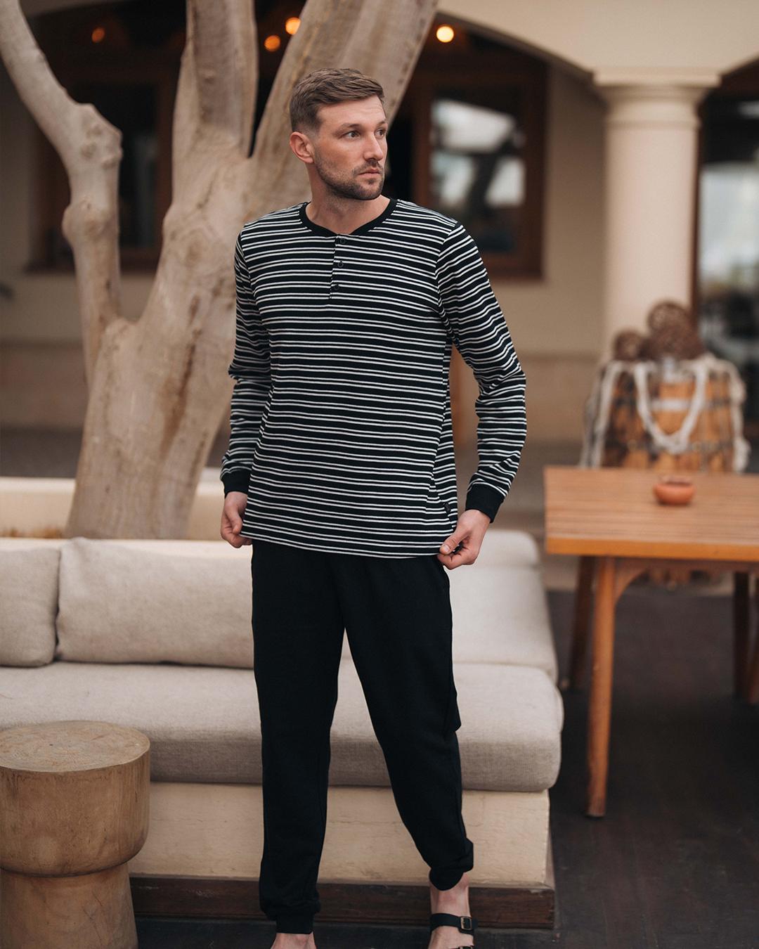 Pyjama à manches longues à rayures gaufrées pour hommes * Pantalon Melton d'été