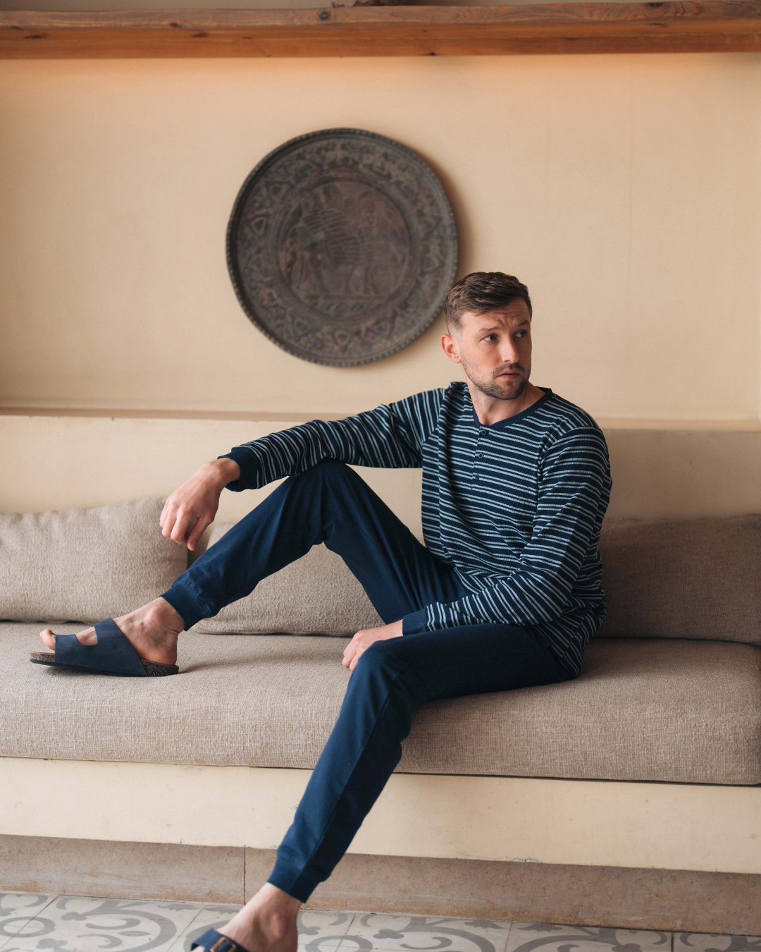 Pyjama à manches longues à rayures gaufrées pour hommes * Pantalon Melton d'été