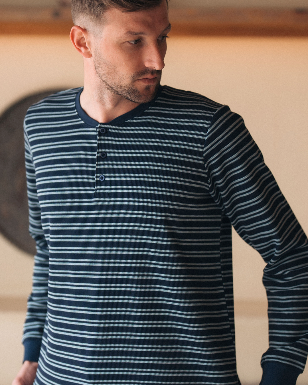 Pyjama à manches longues à rayures gaufrées pour hommes * Pantalon Melton d'été