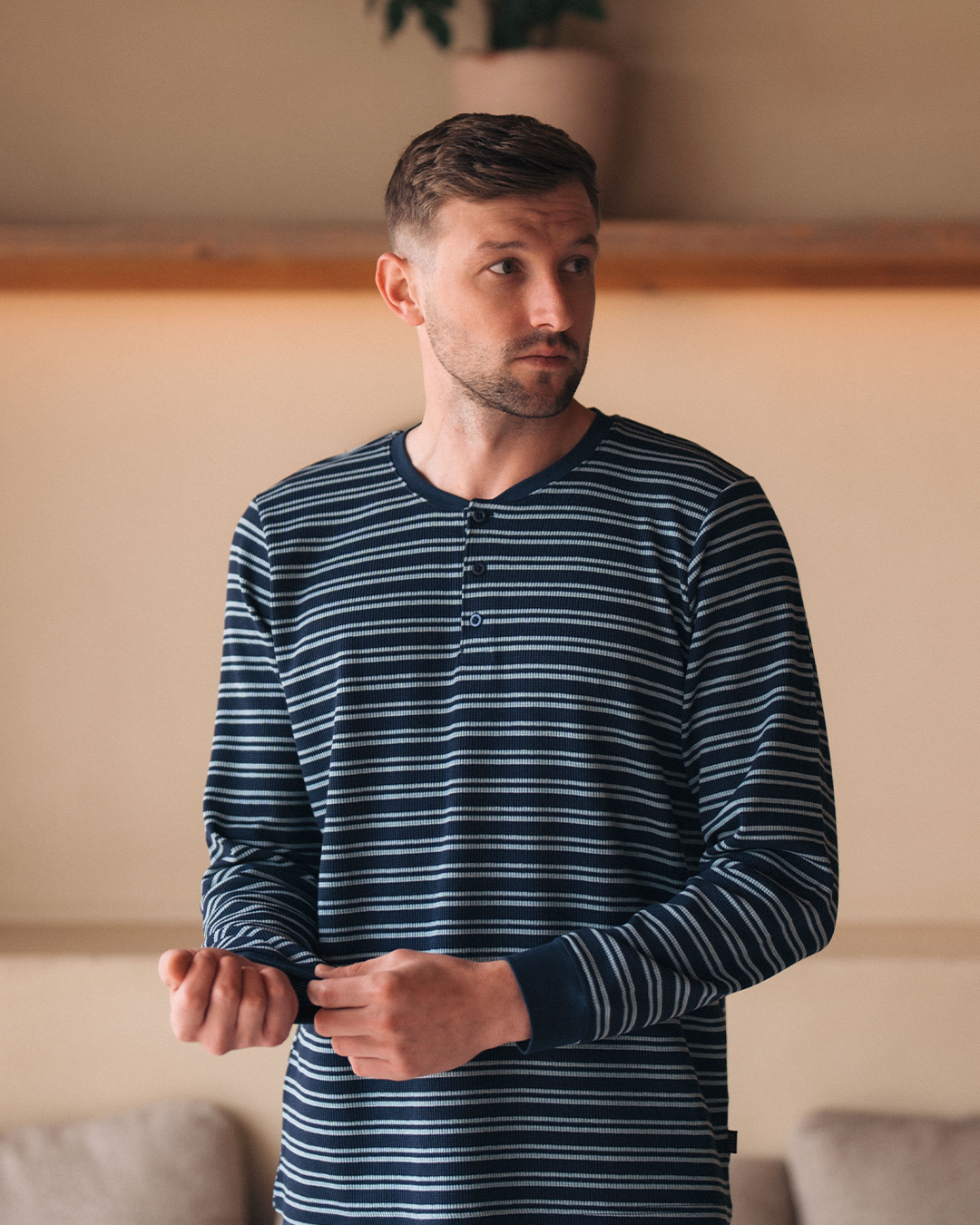 Pyjama à manches longues à rayures gaufrées pour hommes * Pantalon Melton d'été