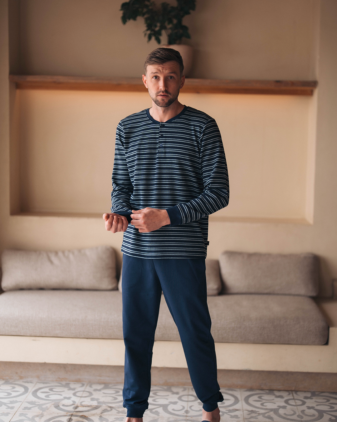 Pyjama à manches longues à rayures gaufrées pour hommes * Pantalon Melton d'été