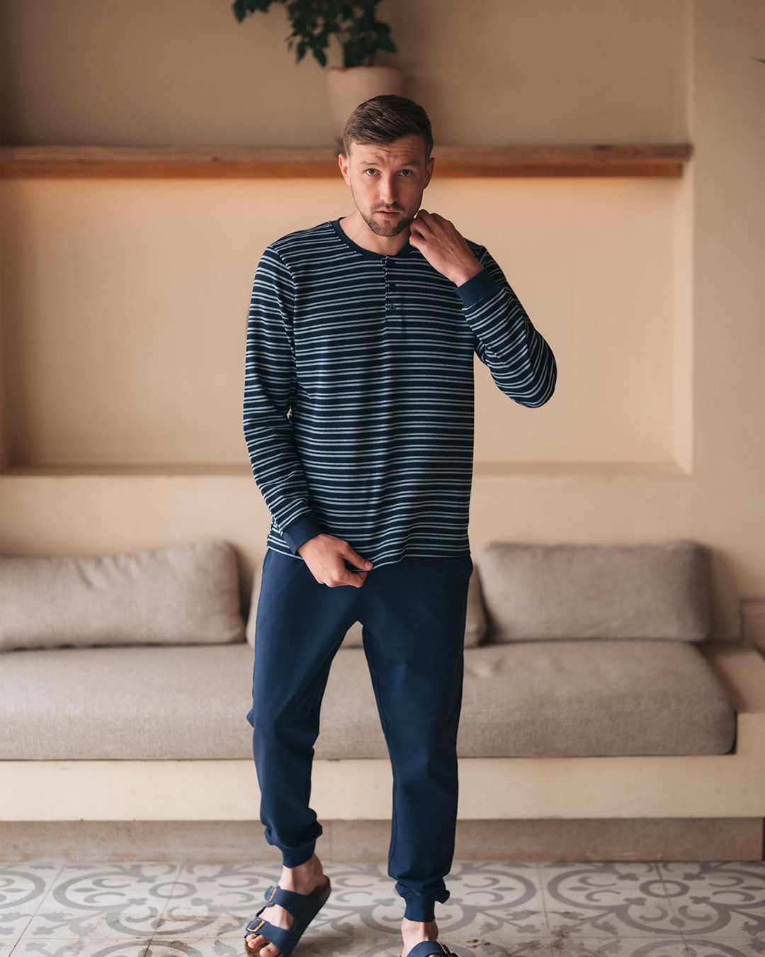 Pyjama à manches longues à rayures gaufrées pour hommes * Pantalon Melton d'été