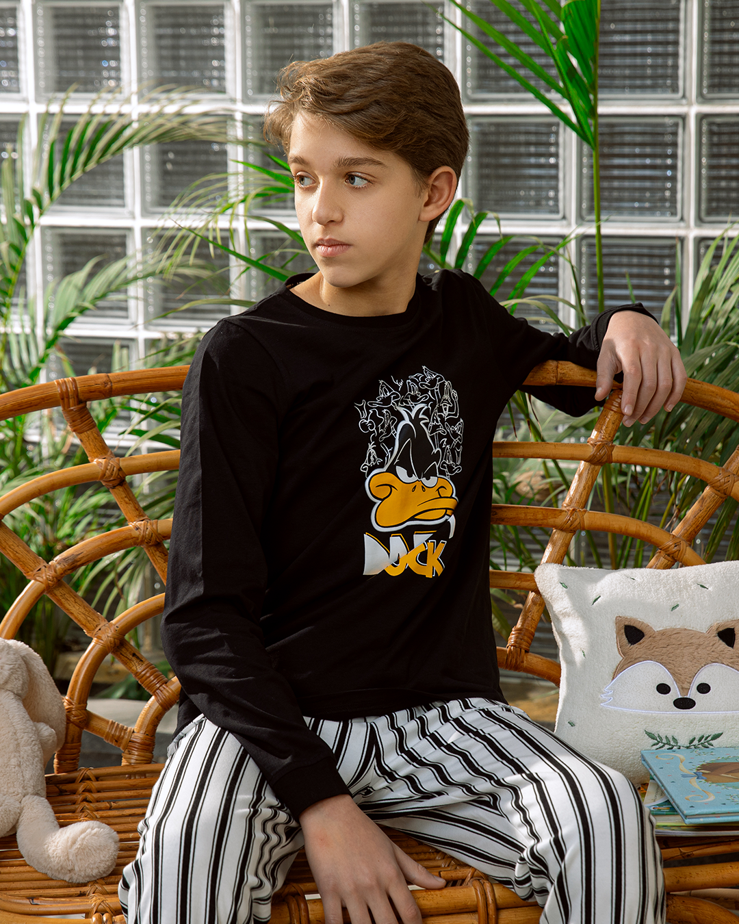 Pyjama en coton à manches longues pour garçons Daffy Duck * Pantalon à rayures Milton d'été