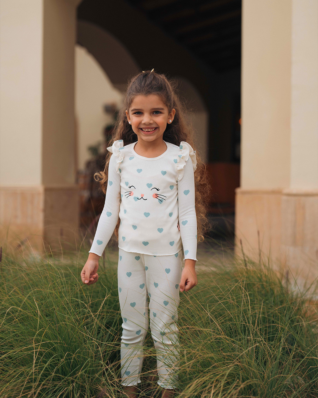 Pyjama coeur de chat pour enfants, filles, manches longues