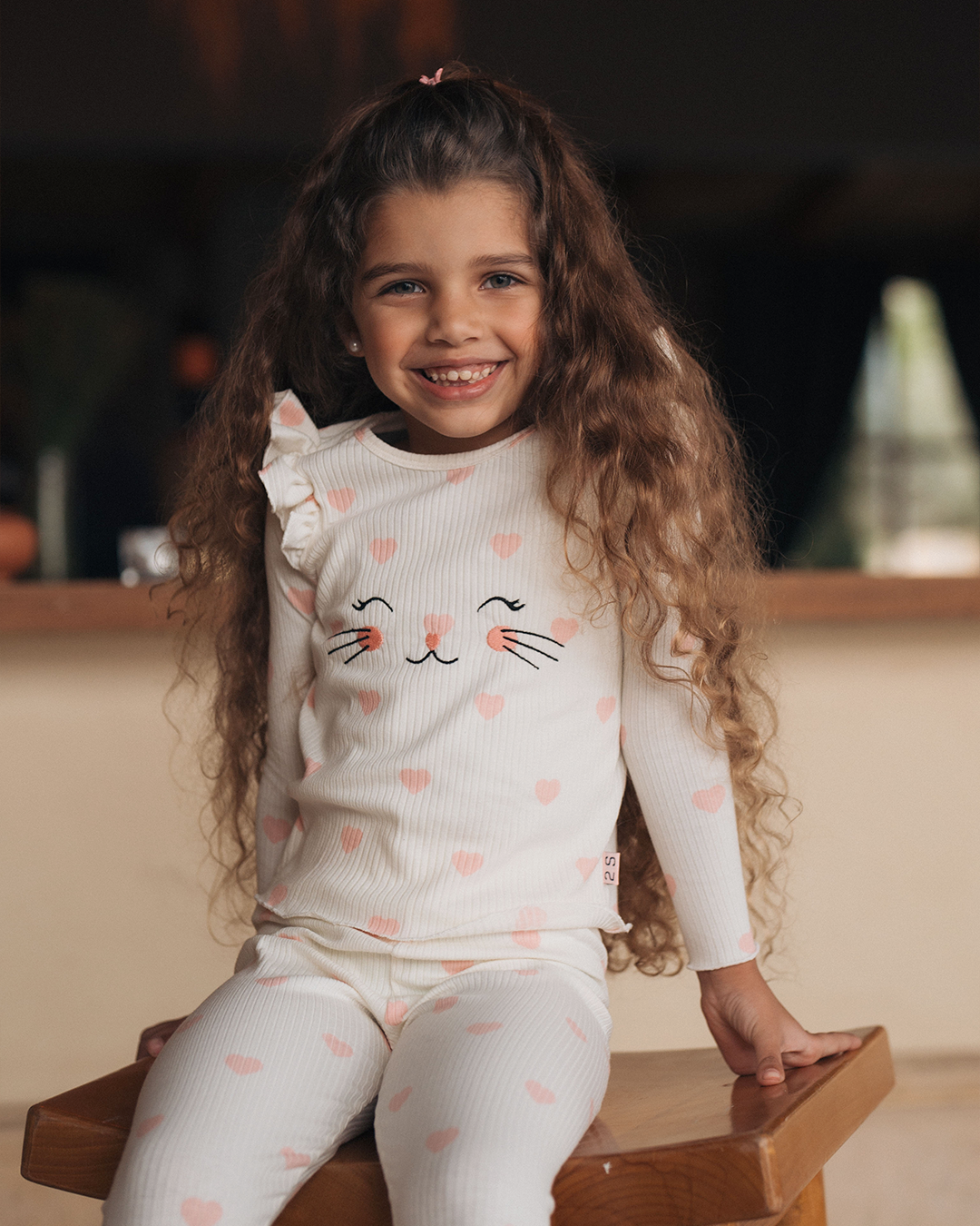 Pyjama coeur de chat pour enfants, filles, manches longues