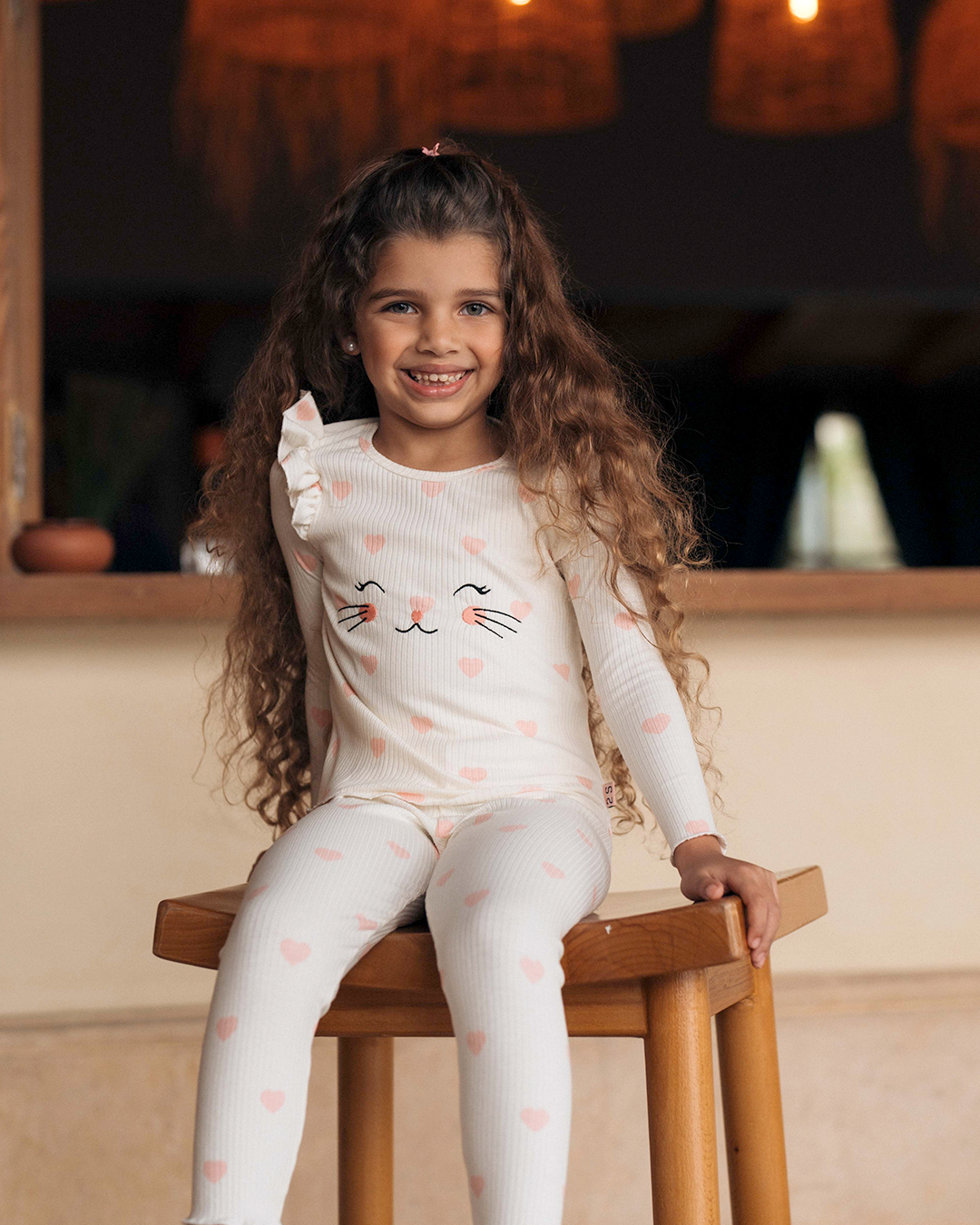 Pyjama coeur de chat pour enfants, filles, manches longues