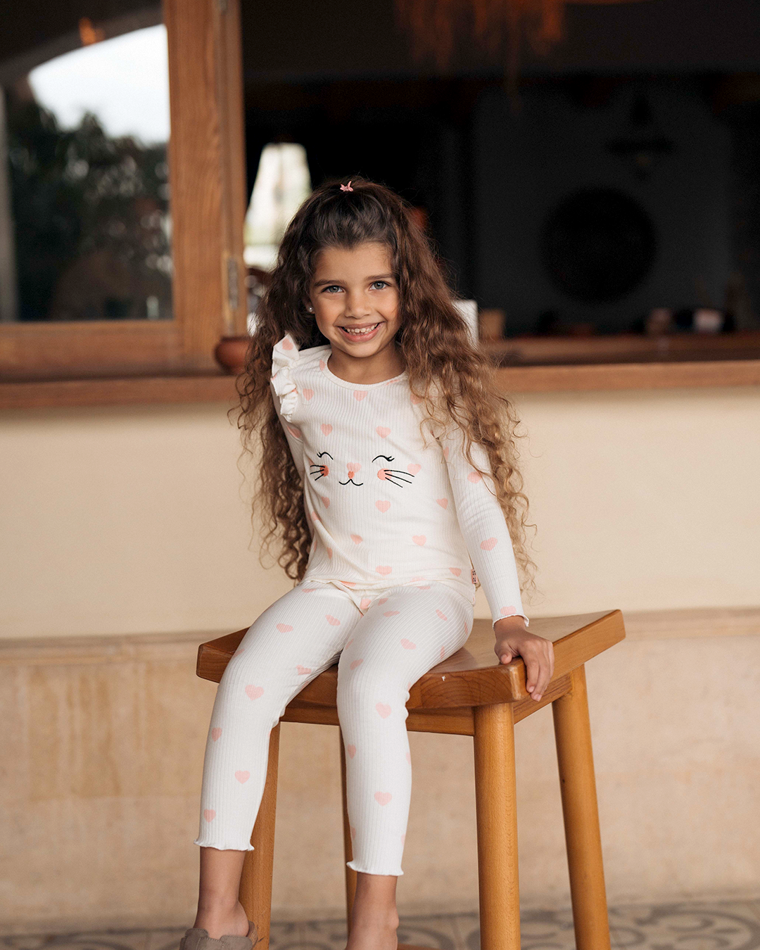 Pyjama coeur de chat pour enfants, filles, manches longues