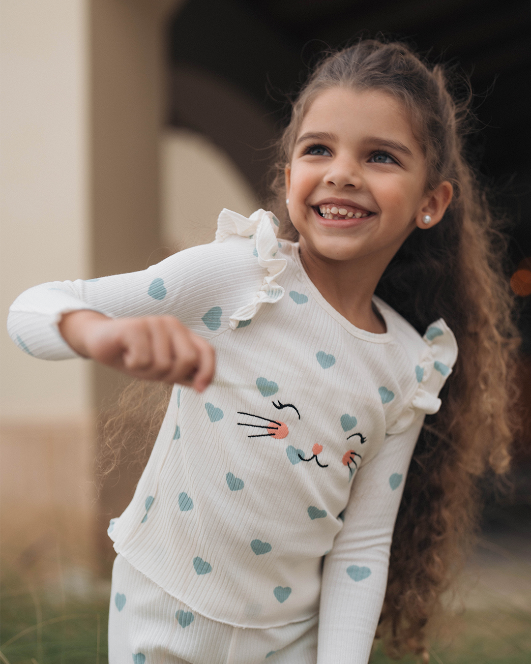 Pyjama coeur de chat pour enfants, filles, manches longues