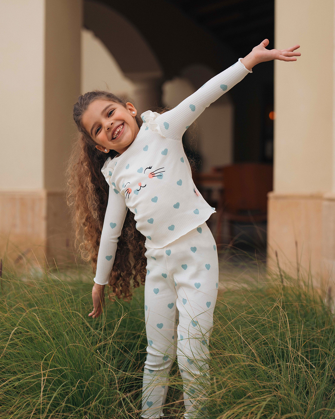 Pyjama coeur de chat pour enfants, filles, manches longues