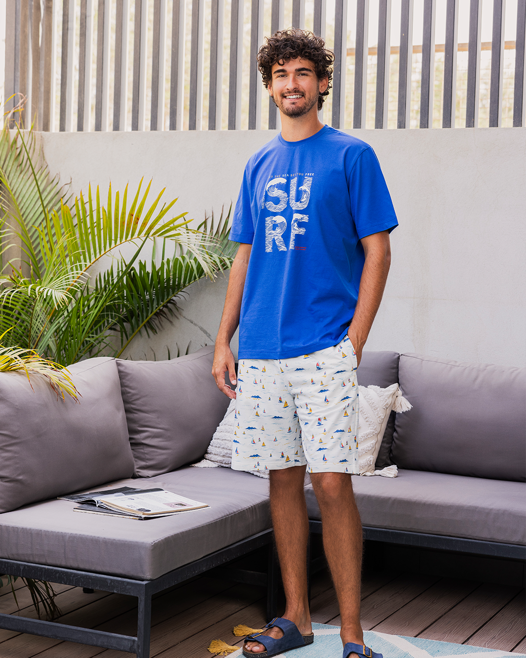 Pyjama homme manches mi-longues et short en coton Free Surf