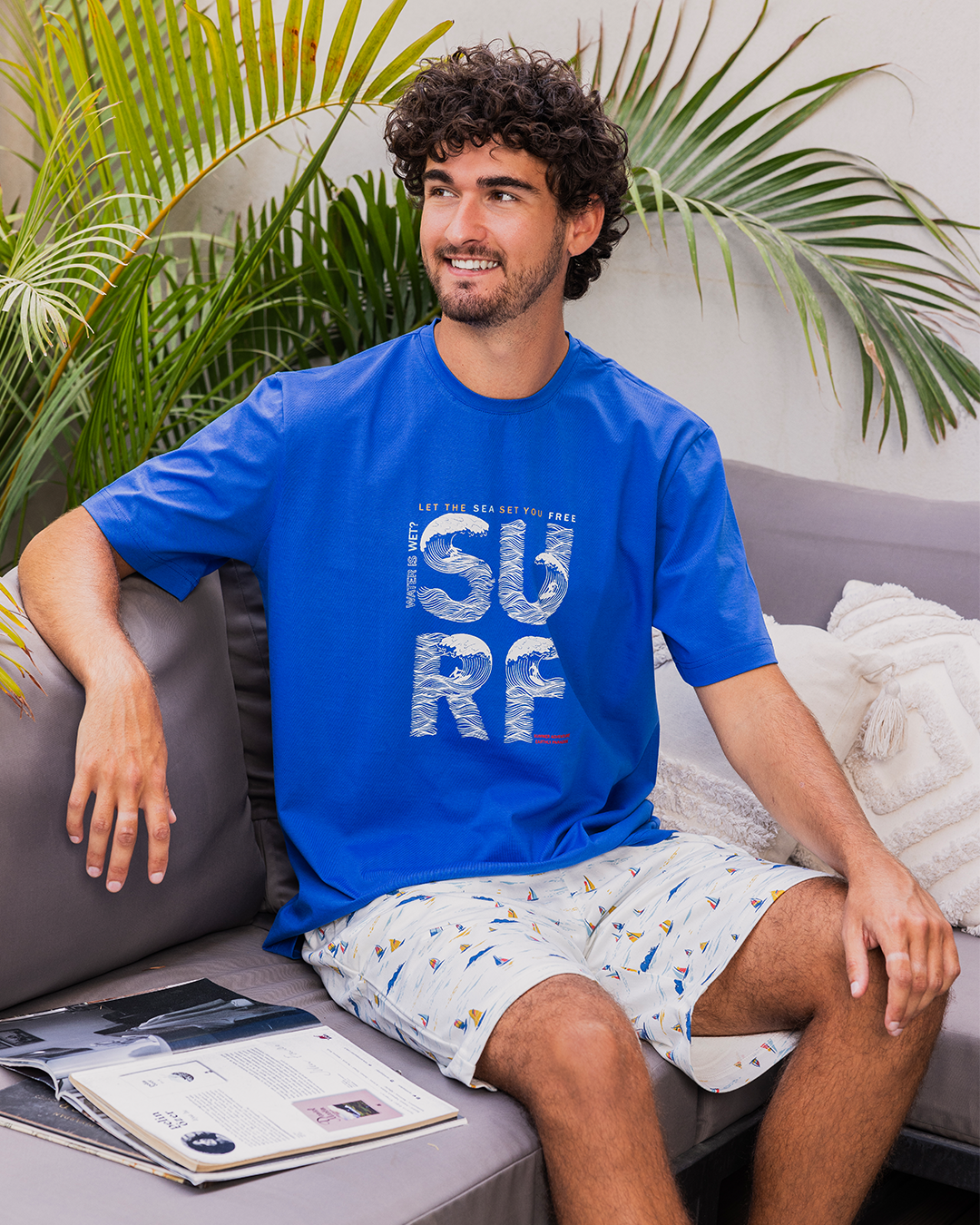 Pyjama homme manches mi-longues et short en coton Free Surf