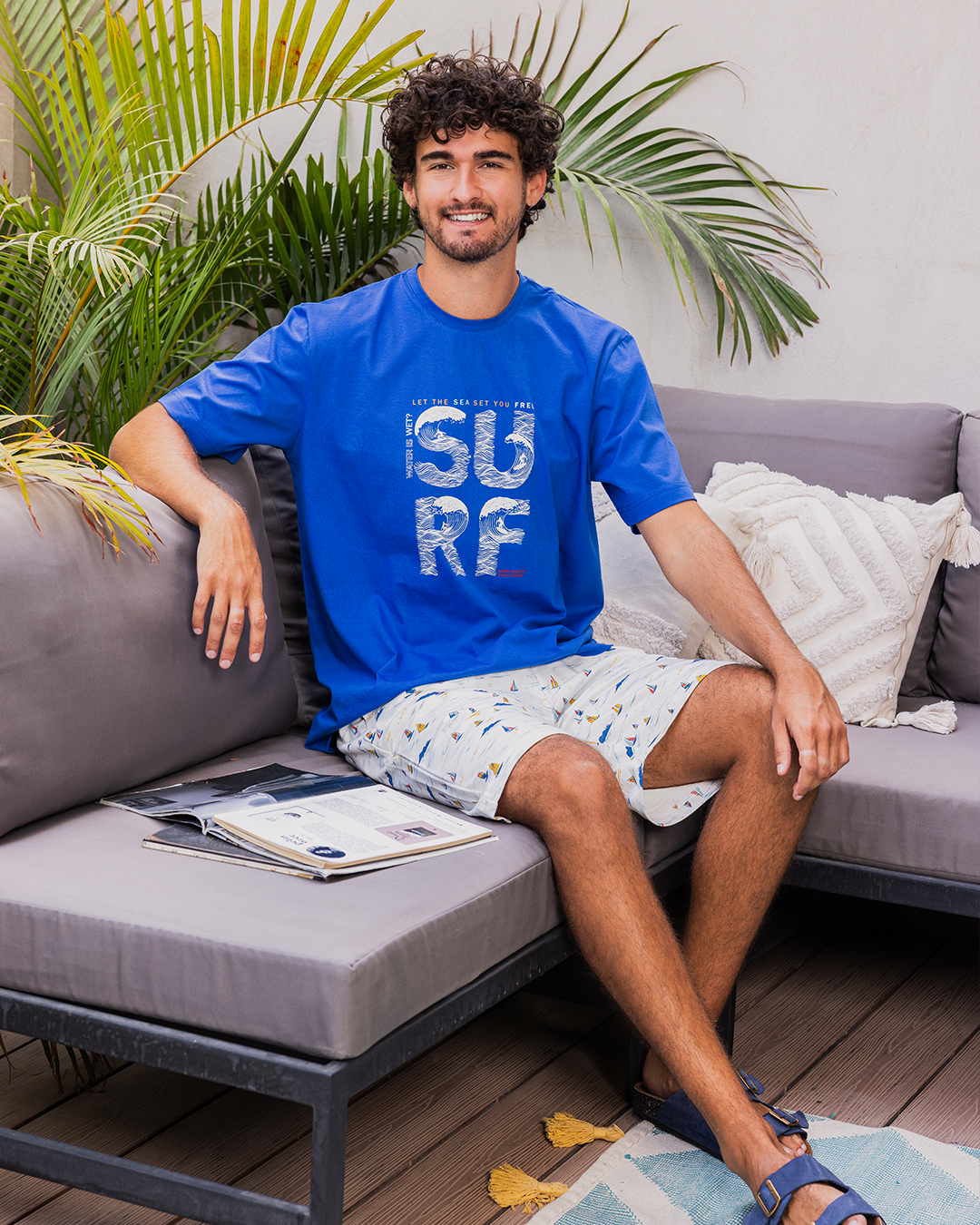 Pyjama homme manches mi-longues et short en coton Free Surf