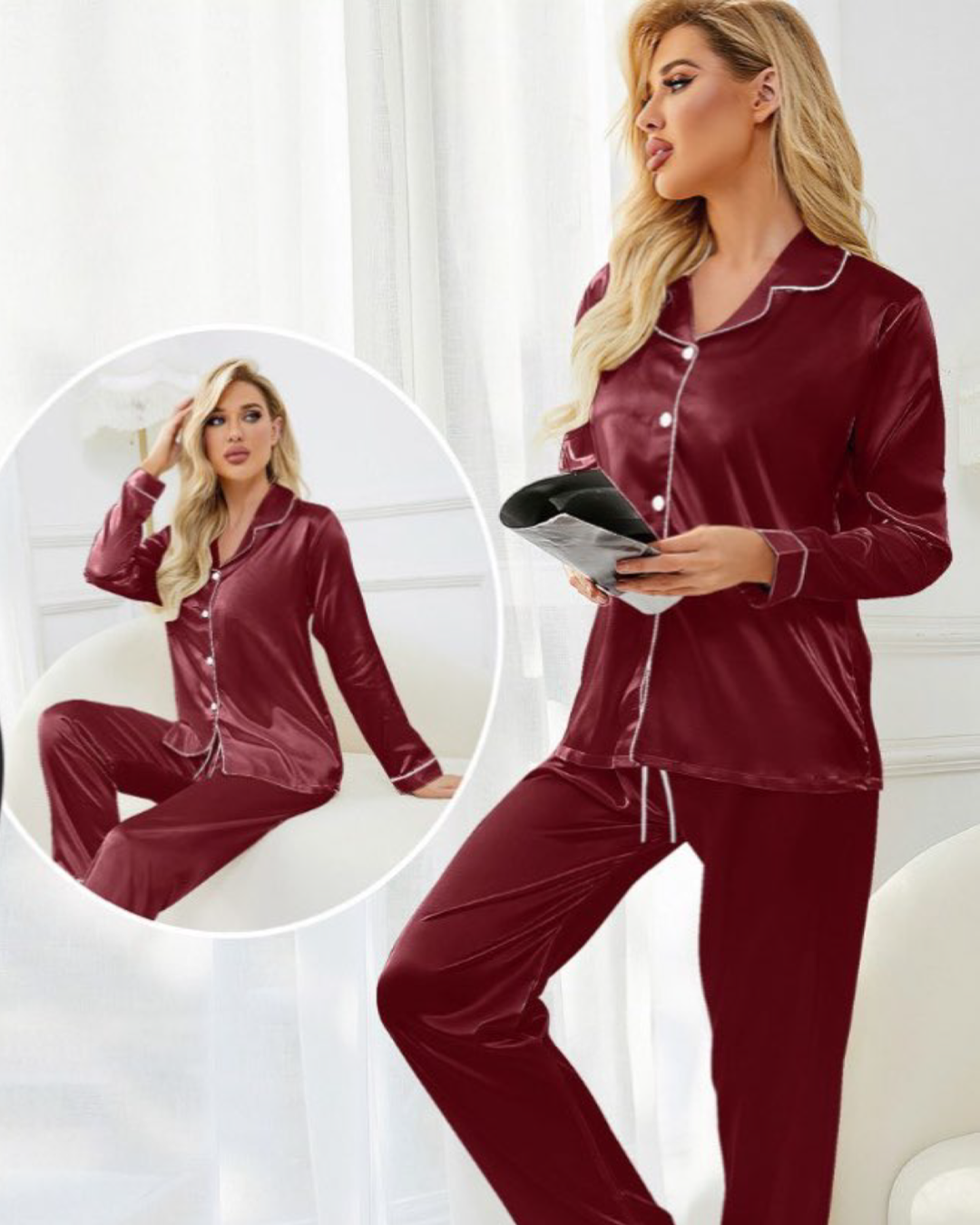 Pyjama femme, classique satiné, uni avec boutons