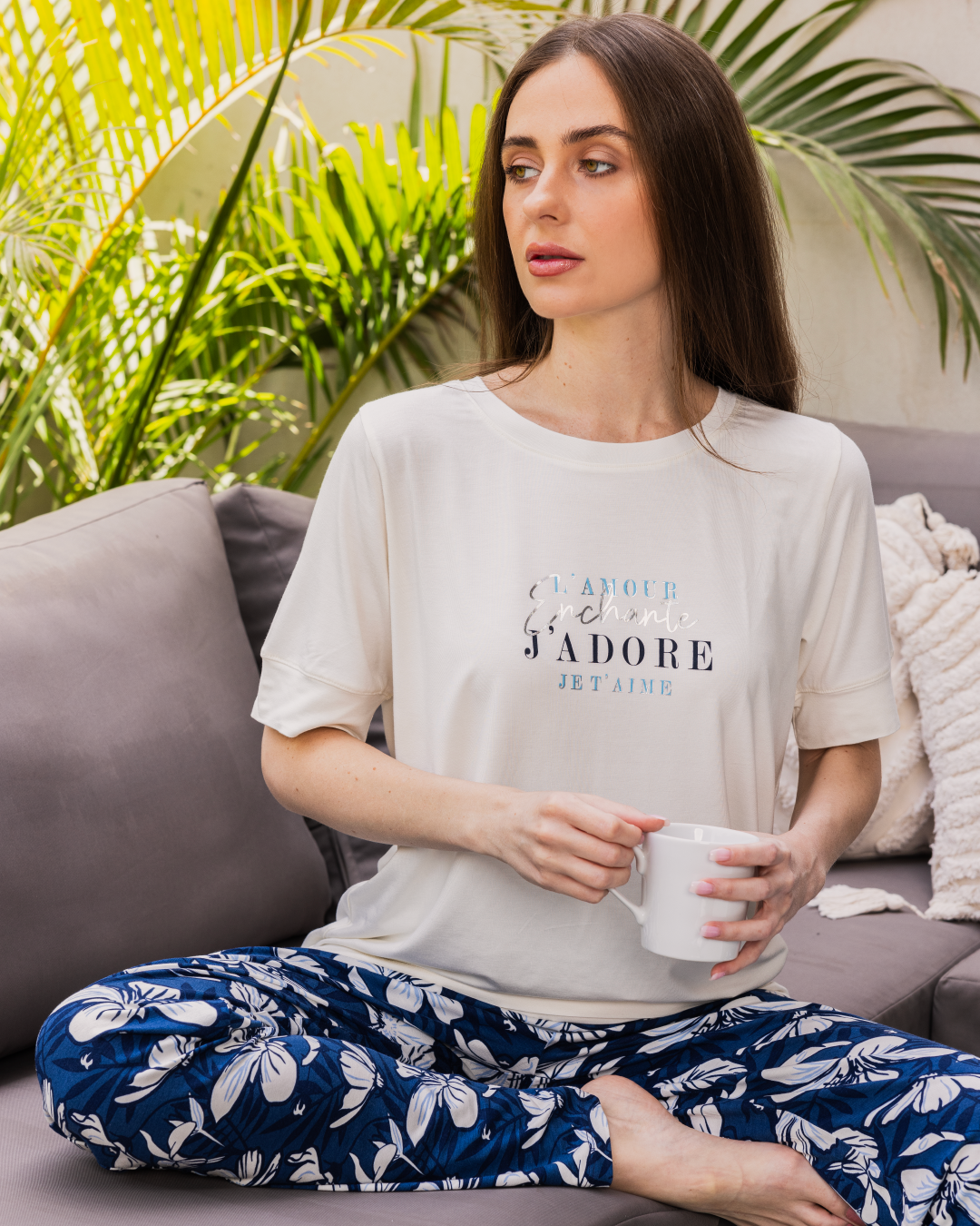 L'amour femi florals Pyjama et pantalon femme manches mi-longues en coton